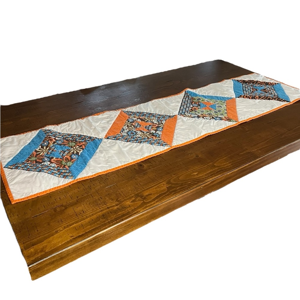 Vintage handmade quilted table runner mix print orange blue white 15x60 inch